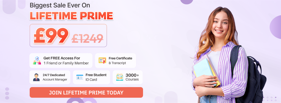 A smiling student holding books and a backpack next to a banner promoting the NextGen Learning Lifetime Prime offer featuring a free student ID card, student discount benefits, and over 3,000 online courses for £99.