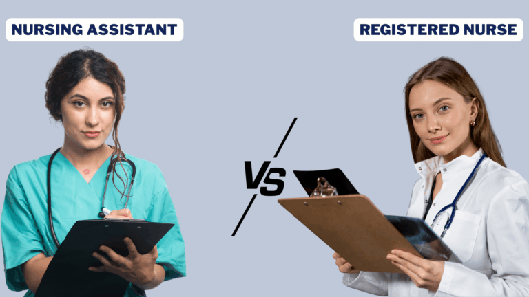 Side-by-side comparison image showing a Nursing Assistant and a Registered Nurse holding clipboards, representing nursing assistant work and a Registered Nurse job.