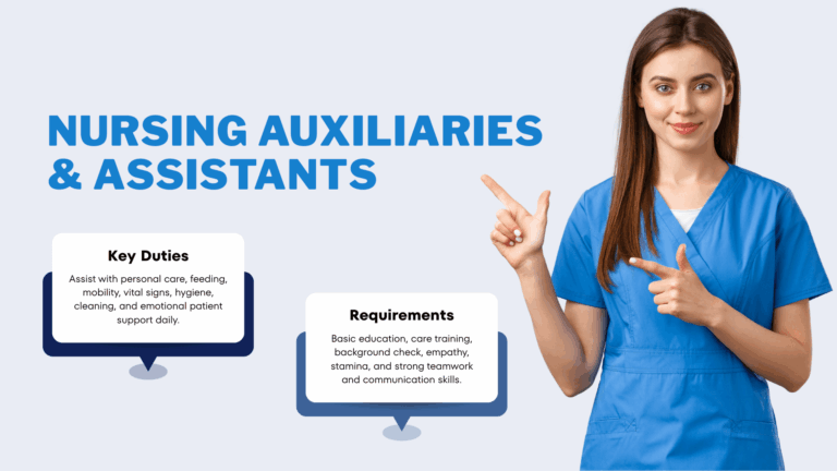 A female healthcare worker in blue scrubs pointing at two boxes highlighting key duties and requirements for nursing auxiliaries and assistants.
