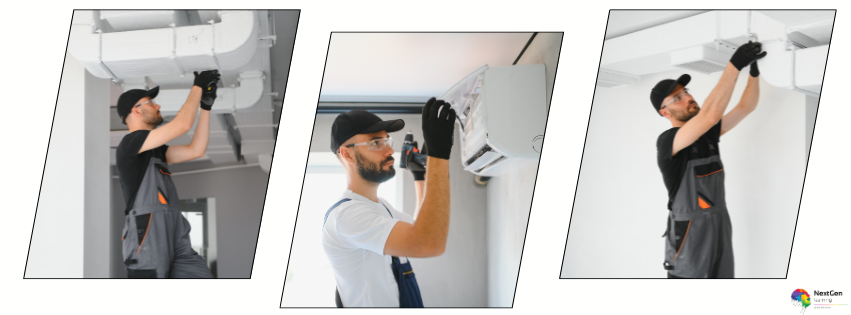 Collage of HVAC technicians inspecting ducting and air conditioning units for Level 3 Heating Ventilation and Air Conditioning Technician training.