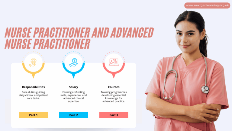 Infographic showing an overview of Nurse Practitioners and Advanced Nurse Practitioners, including responsibilities, salary information, and recommended Nurse Practitioner course options.