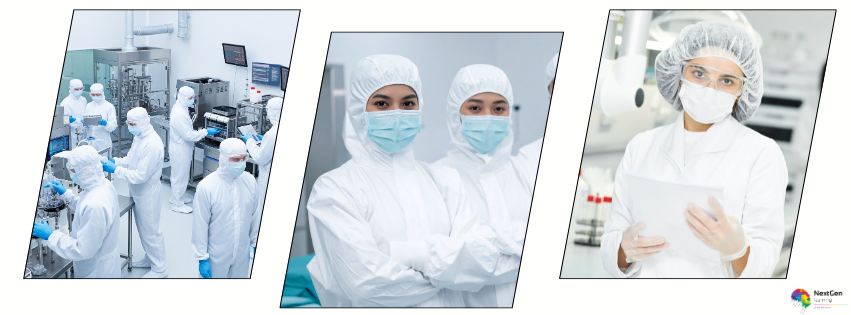 Professionals in full cleanroom PPE performing sterile workflow tasks during Sterile Services Technician Training.