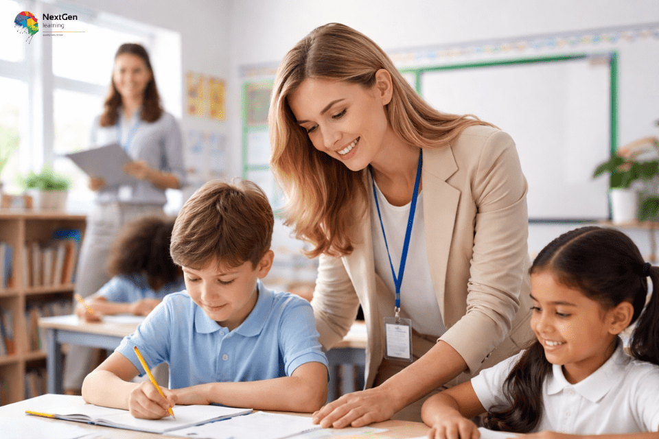 Teaching assistant supporting children with learning in a UK classroom environment
