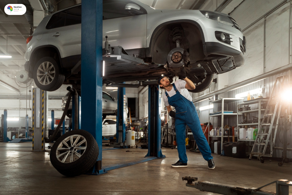Car mechanic inspecting the underside of a raised vehicle in a garage