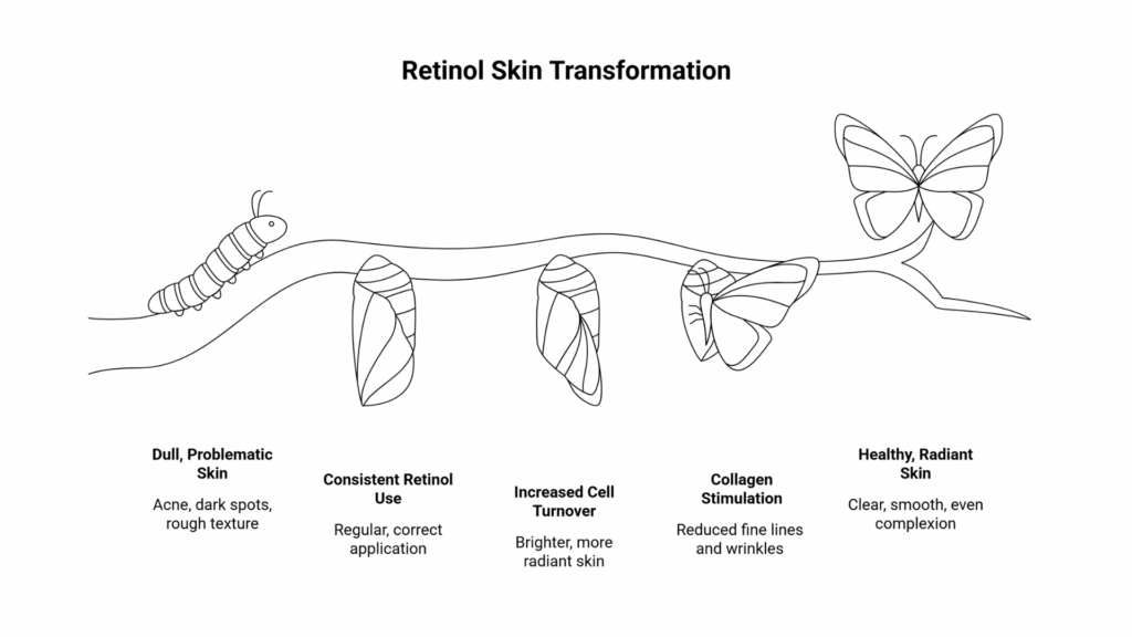 Retinol skin transformation illustration showing how to use retinol, retinol benefits, and how to use retinol safely for beginners. The image explains how often to use retinol, when a retinol purge may appear, how retinol serum improves cell turnover, and how Vitamin A skincare supports healthy, radiant skin.