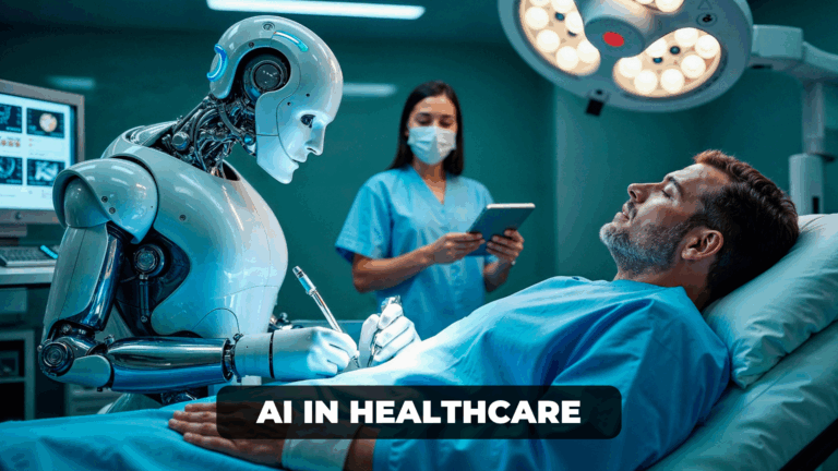 AI in healthcare robot assisting in surgery with a patient in a UK hospital, showing artificial intelligence improving medical procedures.