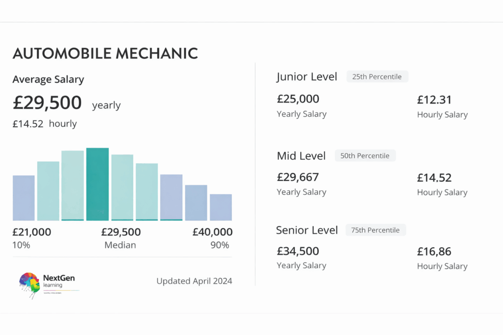 UK car mechanic salary infographic showing average, junior, mid-level, and senior automobile mechanic wages in GBP
