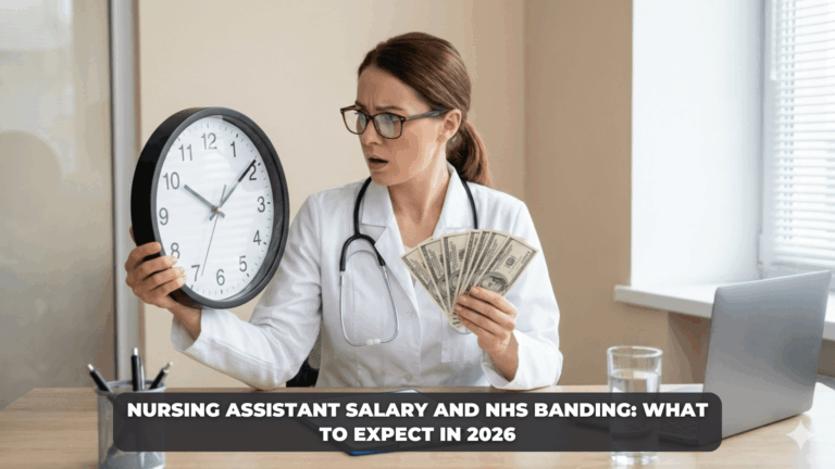 Nursing assistant salary and NHS banding in 2026 showing a healthcare professional comparing time and pay