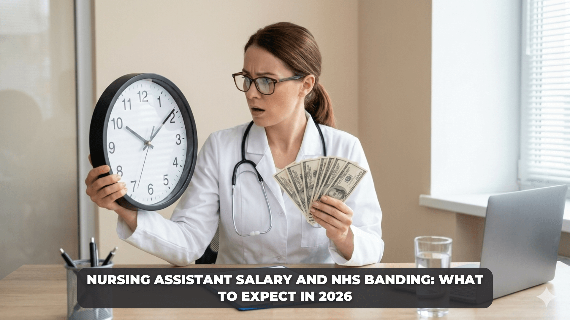 Nursing assistant salary and NHS banding in 2026 showing a healthcare professional comparing time and pay