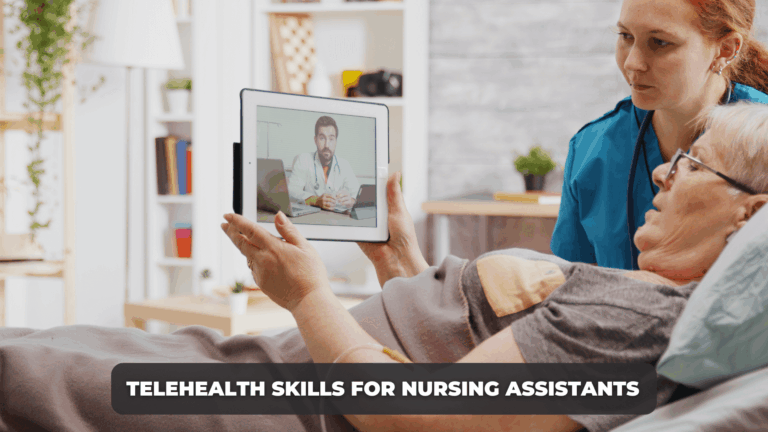 Nursing assistant supporting an elderly patient during a telehealth video consultation with a healthcare professional