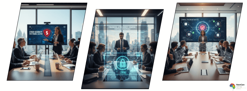 Cyber security training session for finance sector professionals focusing on financial data protection, risk management, and digital security systems