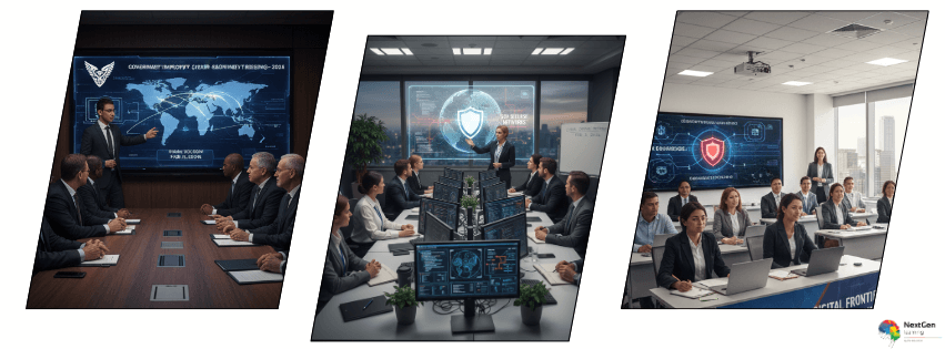 Cyber Security Course for Government Employees: Professionals engaged in a high-tech security meeting, discussing global cybersecurity trends and digital protection strategies with advanced technology interfaces.
