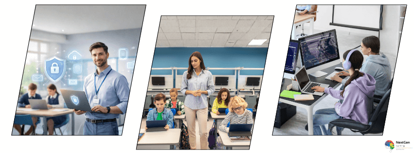 Cyber security course for schools showing students learning safe online practices with guidance from teachers and IT professionals