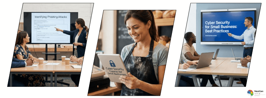 Cyber security course for small businesses showing employees learning best practices, phishing awareness, and data protection in a small business setting