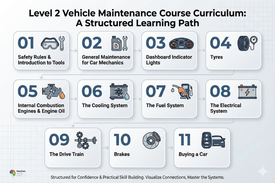 Level 2 light vehicle maintenance course curriculum showing safety, engine, brakes, electrical systems and routine maintenance modules