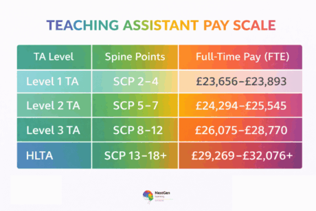Teaching assistant pay scale showing Level 1 to HLTA salaries and NJC spine points