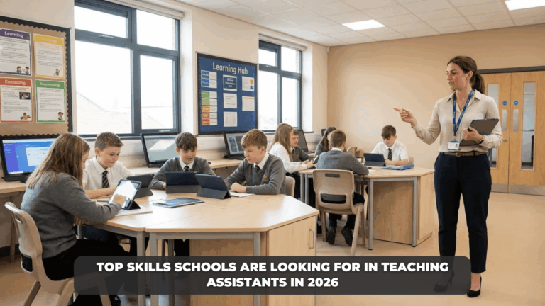 Teaching assistant supporting pupils in a modern UK classroom, demonstrating key teaching assistant skills schools are looking for in 2026.