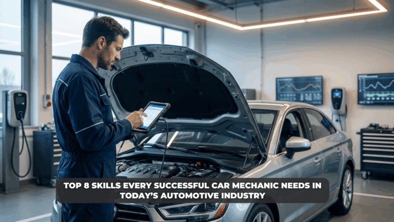 Car mechanic using vehicle diagnostic tools in a modern workshop showing essential car mechanic skills and automotive technician skills