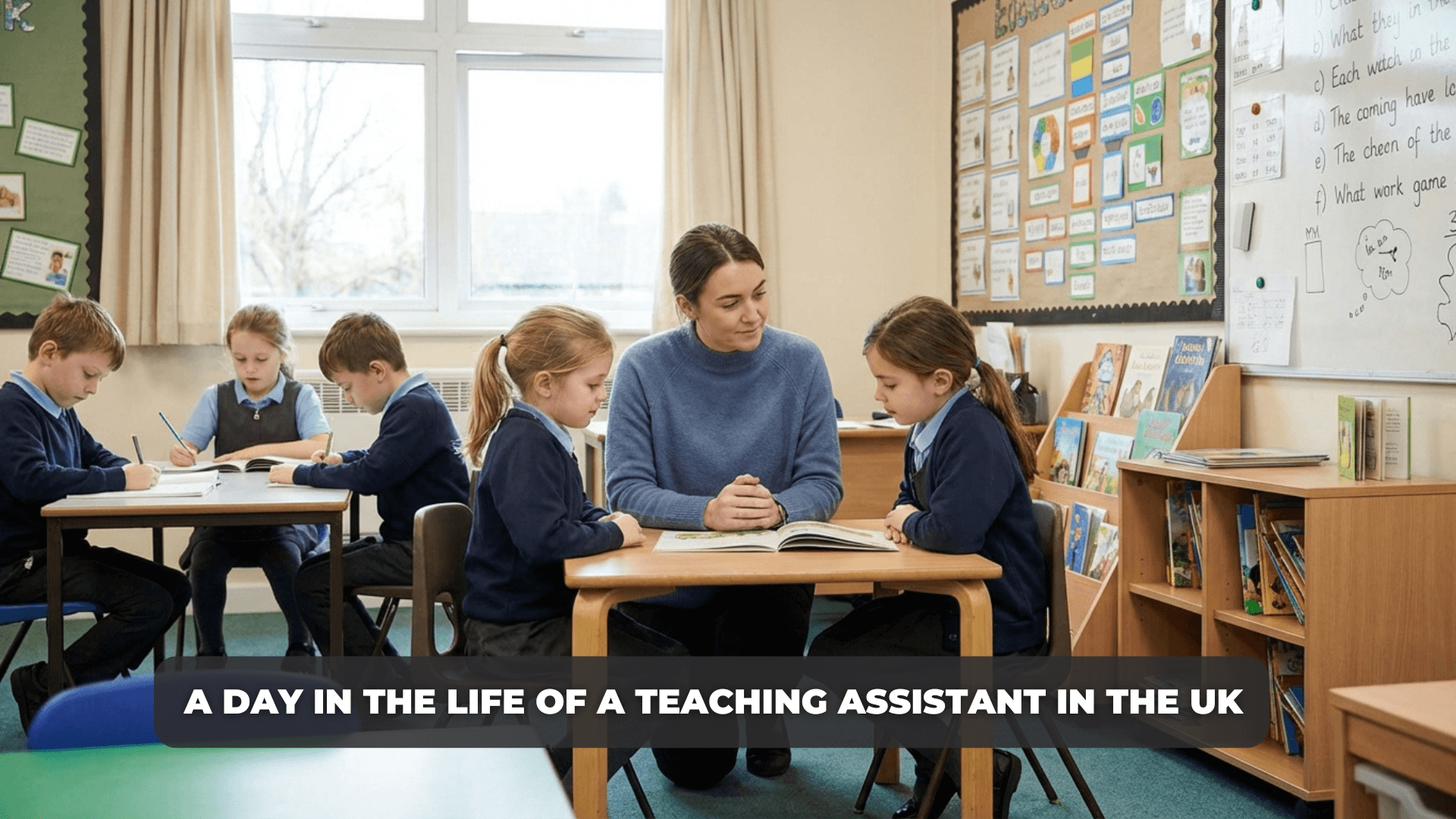 Teaching assistant supporting primary school pupils during a reading activity in a UK classroom.