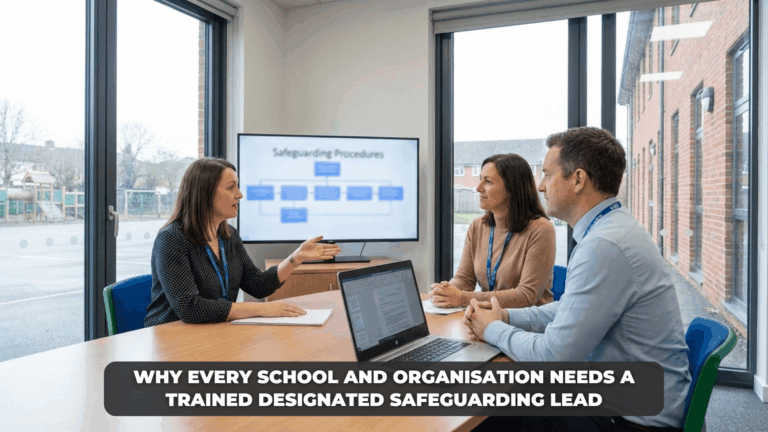 Designated safeguarding lead leading safeguarding training discussion with staff in a UK school
