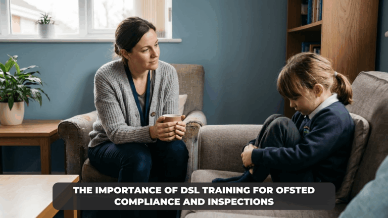 Safeguarding professional supporting a child in a calm pastoral setting, representing DSL training and child protection responsibilities in UK education.