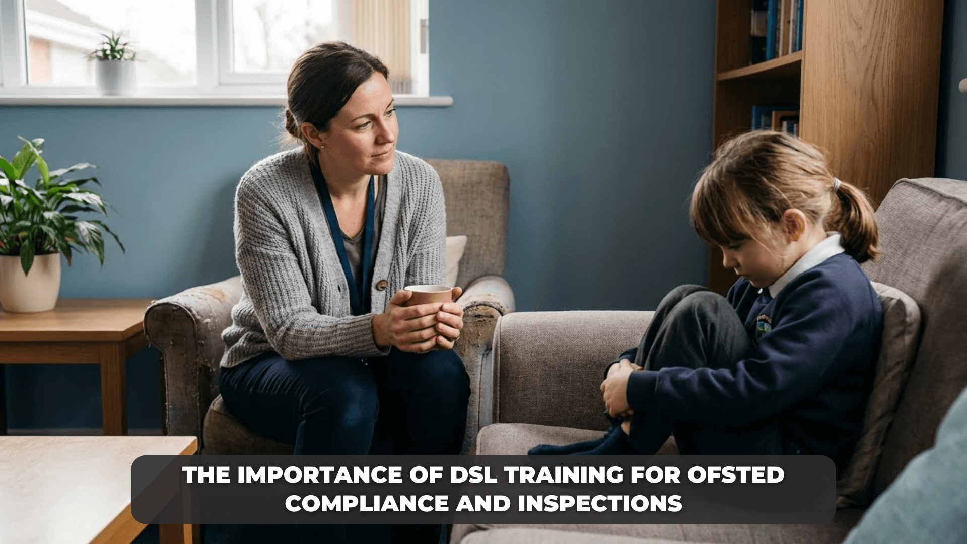 Safeguarding professional supporting a child in a calm pastoral setting, representing DSL training and child protection responsibilities in UK education.