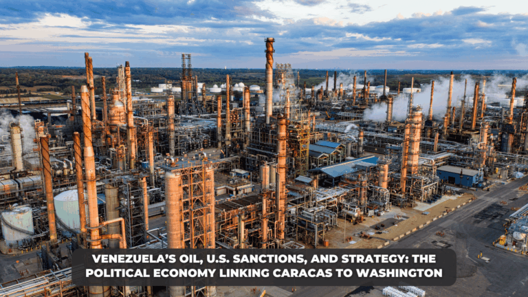 Oil refinery and industrial infrastructure illustrating Venezuela’s oil industry and its role in U.S. sanctions and political economy