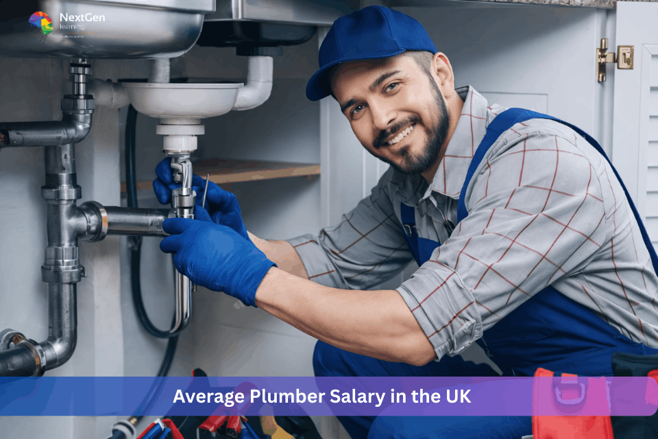 UK plumber repairing kitchen sink pipe while wearing work uniform and gloves
