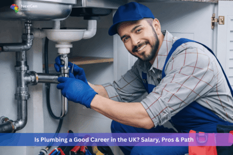 UK plumber repairing kitchen sink pipe while wearing work uniform and gloves