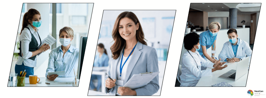 Healthcare administration professionals working in a clinical office environment, supporting healthcare management and service delivery