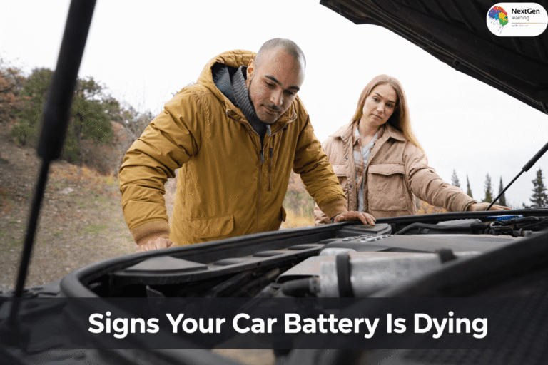 Man and woman checking car engine showing battery problem signs