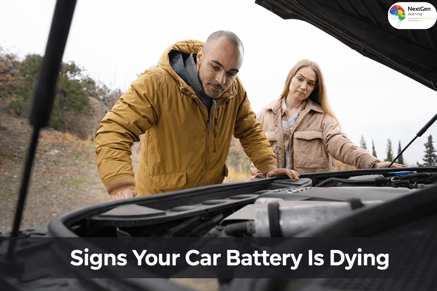 Man and woman checking car engine showing battery problem signs