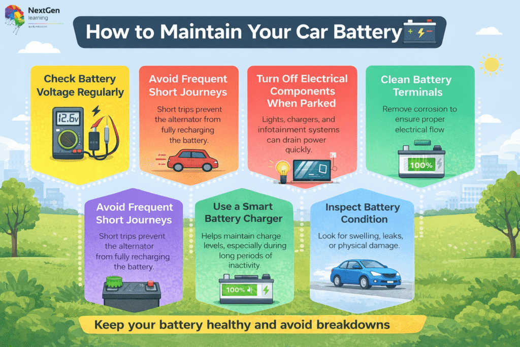 Infographic showing car battery maintenance tips including voltage checks and cleaning terminals