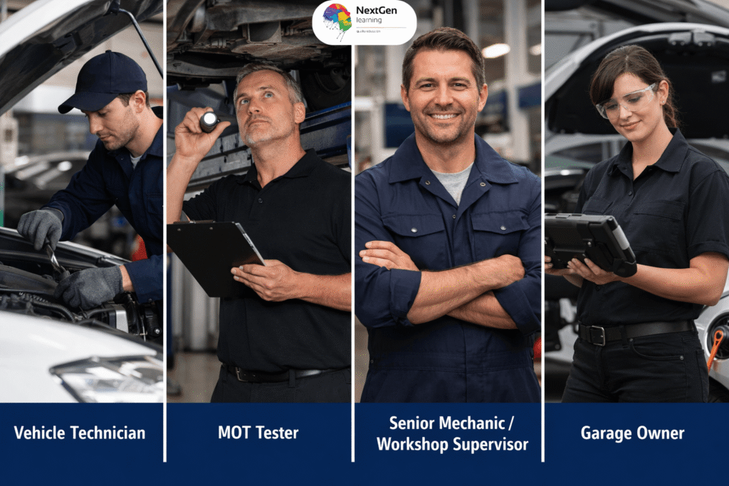 Automotive career path showing vehicle technician, MOT tester, supervisor, garage owner and EV specialist
