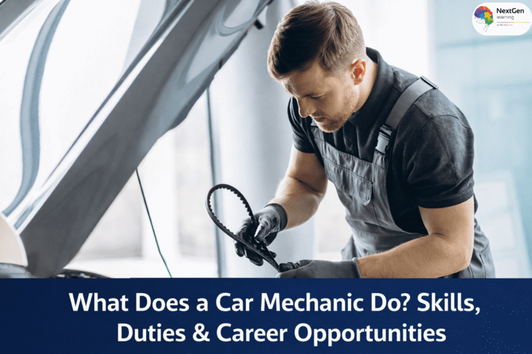 Car mechanic inspecting vehicle engine in workshop with career title banner