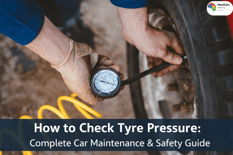 Mechanic checking car tyre pressure using gauge and air hose