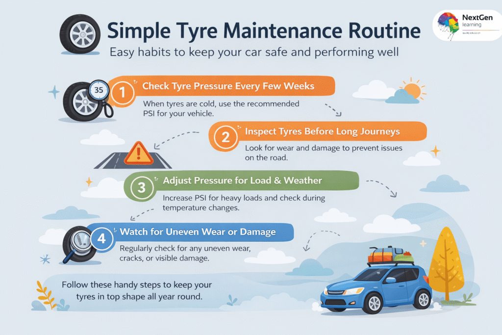 Infographic showing simple tyre maintenance routine for UK drivers
