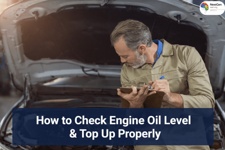 Mechanic checking engine oil level and topping up car oil