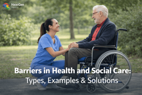Nurse supporting an elderly wheelchair user in a park illustrating barriers in health and social care, communication challenges and compassionate patient support.