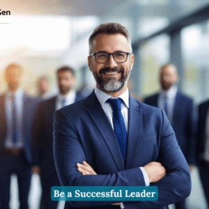 Confident business leader in suit standing with arms crossed in front of team in modern corporate office