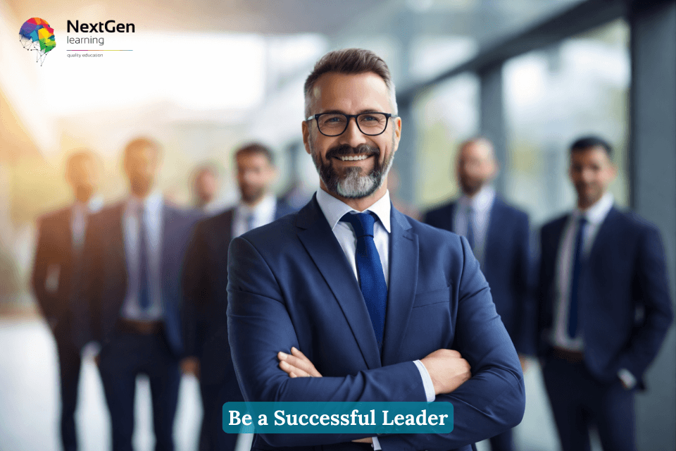 Confident business leader in suit standing with arms crossed in front of team in modern corporate office
