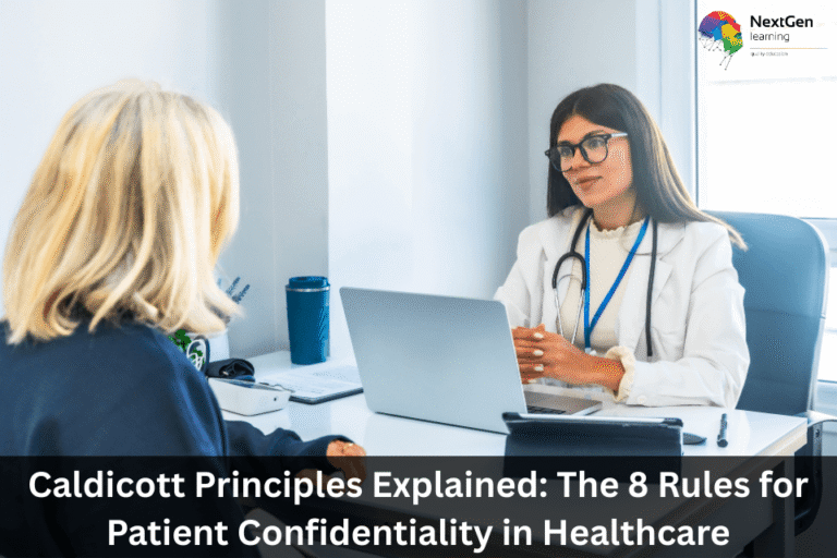 Doctor discussing patient records on laptop demonstrating Caldicott Principles and patient confidentiality in healthcare