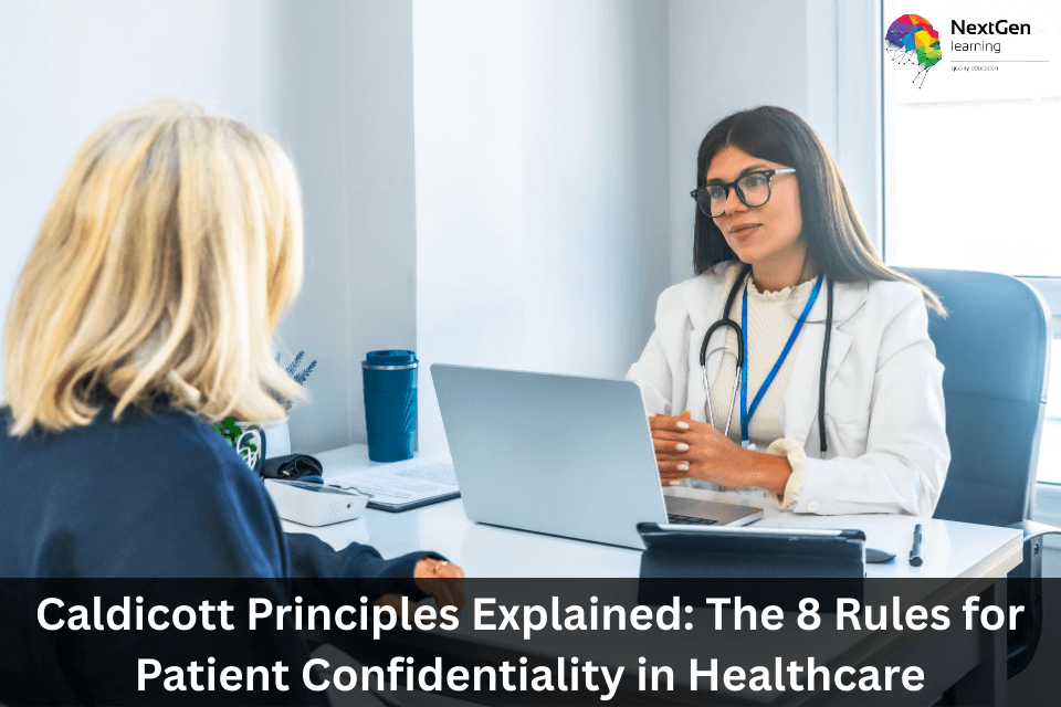 Doctor discussing patient records on laptop demonstrating Caldicott Principles and patient confidentiality in healthcare