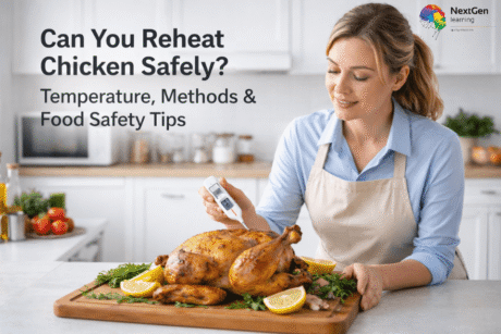 Woman checking temperature of roasted chicken with a food thermometer to safely reheat chicken and ensure proper internal temperature