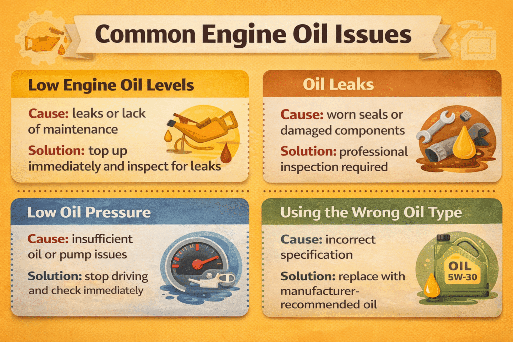 Infographic showing common engine oil problems causes and solutions