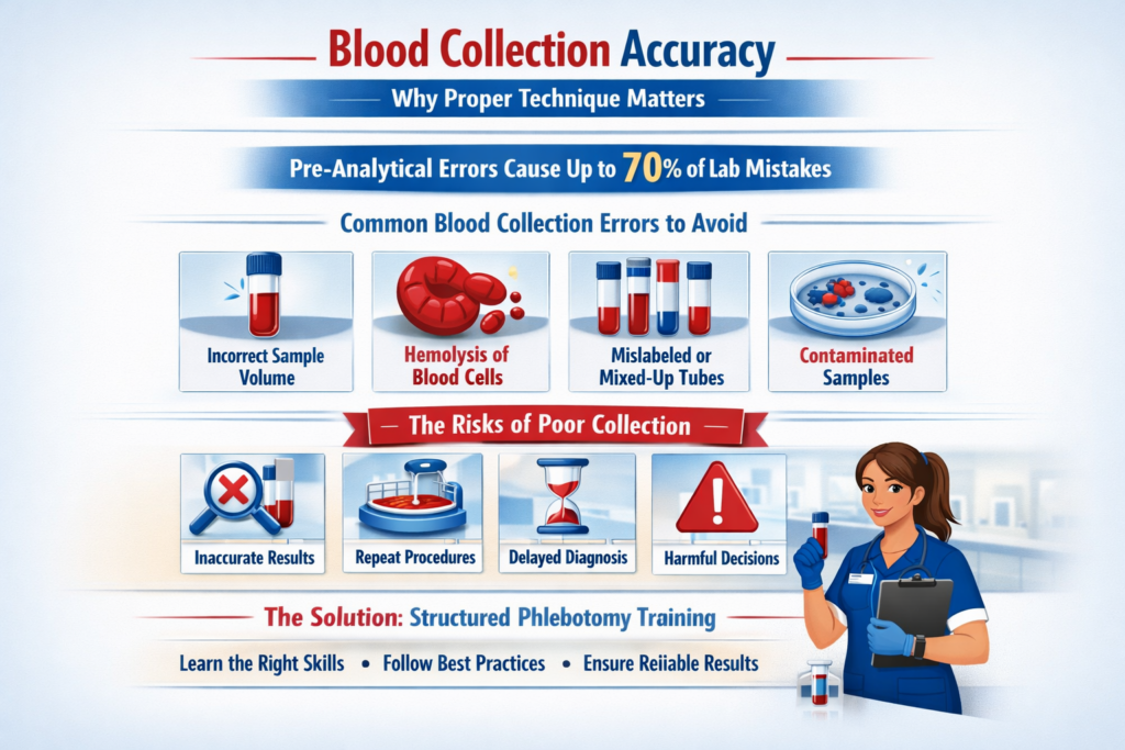 Infographic showing common blood collection errors, risks of poor technique, and how structured phlebotomy training improves sample reliability and diagnostic accuracy