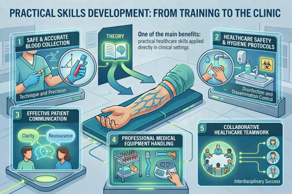 Polished infographic showing practical healthcare skills applied in clinical settings, including blood collection, hygiene protocols, patient communication, equipment handling, and teamwork, with theory-to-practice integration