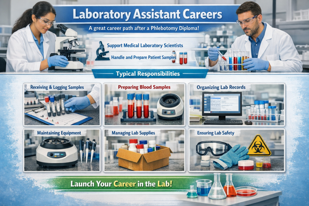 Infographic showing key responsibilities and career benefits of becoming a laboratory assistant after completing a phlebotomy diploma. Includes realistic lab photos and task visuals.
