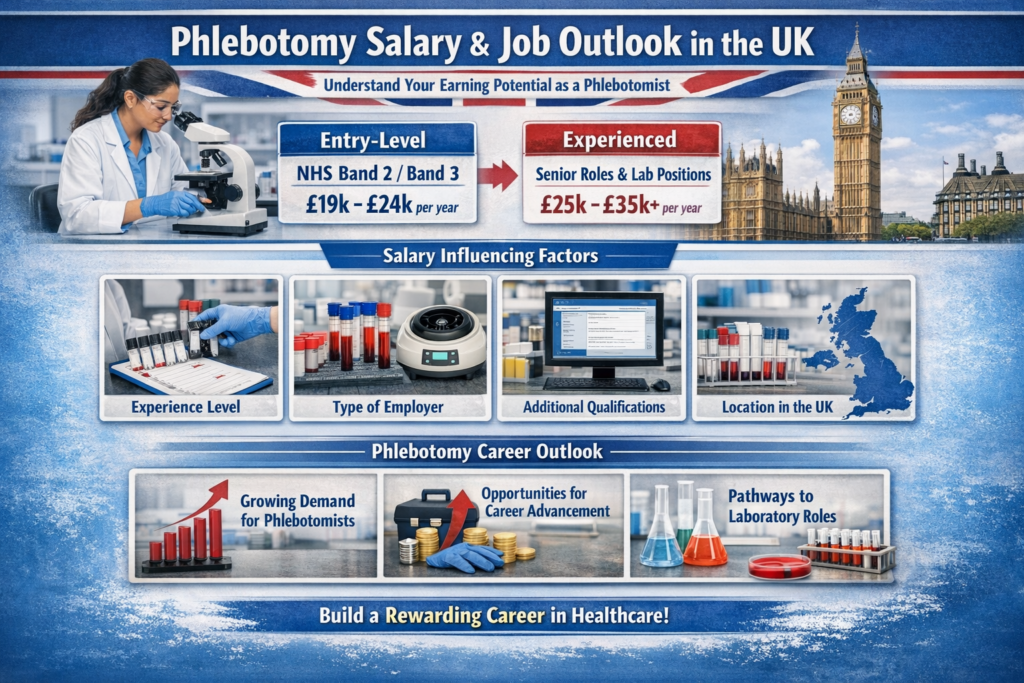 Infographic showing UK phlebotomy salary ranges, NHS pay bands, influencing factors, and career progression opportunities including lab roles and healthcare advancement.