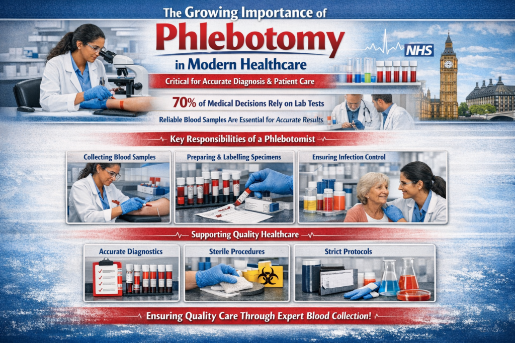Infographic showing how phlebotomy supports accurate diagnosis, infection control, and patient reassurance in modern healthcare. Includes NHS statistics and realistic visuals of phlebotomist duties.